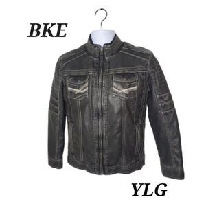 BKE Boys Garrison Jacket L Faux Leather Sherpa Stitch Detail Bike Moto Jacket
